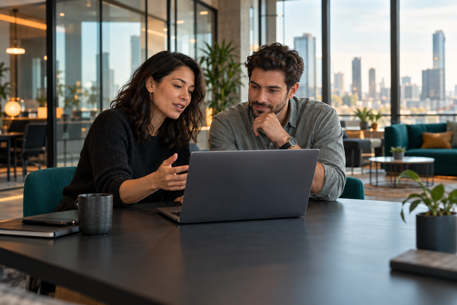 Two professionals reviewing a laptop in a contemporary office