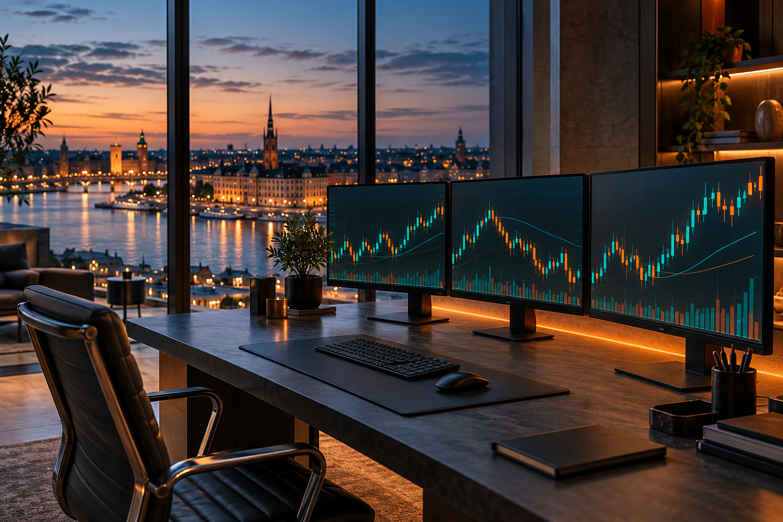 Contemporary trading workspace overlooking a waterfront city at dusk